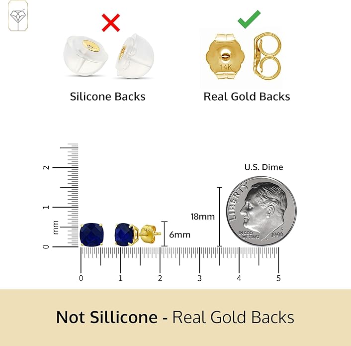 14k Gold 6MM Cushion Cut Stud Gemstone Earrings | Hypoallergenic Solitaire Gemstone Studs with 14K Gold Backs | Lightweight Birthstone Earrings with Gift Box by MAX + STONE