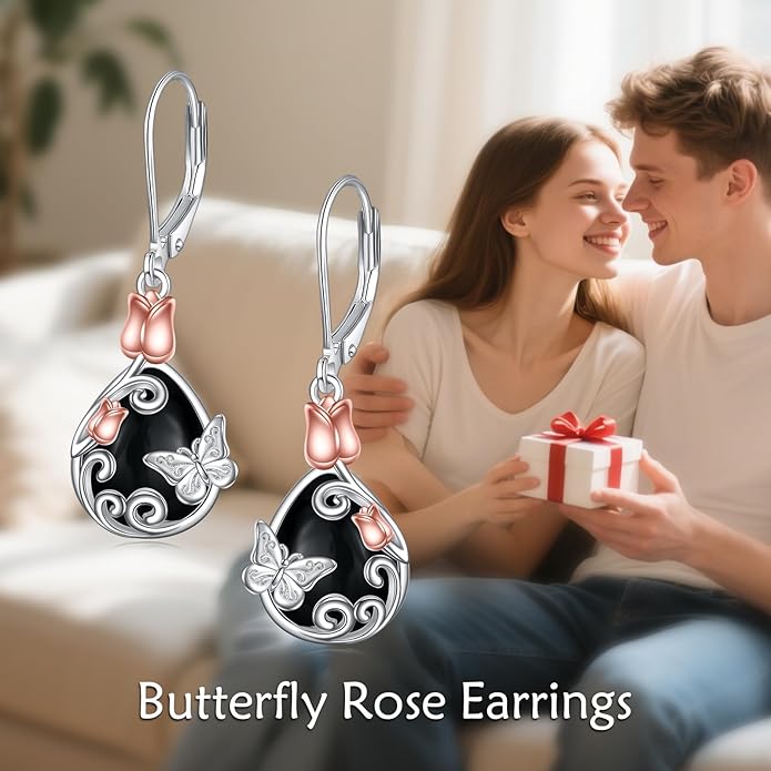 AOBOCO Butterfly/Dragonfly/Bee/Ladybug Leverback Earrings 925 Sterling Silver Rose Lotus Tulip Flower Filigree Dangle Earrings Teardrop Moonstone Larimar Turquoise Abalone Shell Jewelry Birthday Gifts for Women