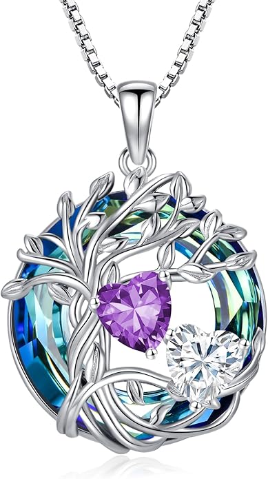TOUPOP s925 Sterling Silver Family Celtic Tree of Life Pendant Necklaces with 2 Heart Birthstone with Blue Austrian Crystal Jewelry Birthday Anniversary Christmas Gifts for Her Wife Girlfriend Mom (18K Real White Gold Filled)