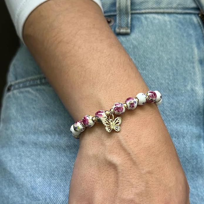 Beads Bow Charm Bracelet for Women Flower Vintage Bracelet Handmade Stretch Beaded Dainty Romantic Jewelry Gifts