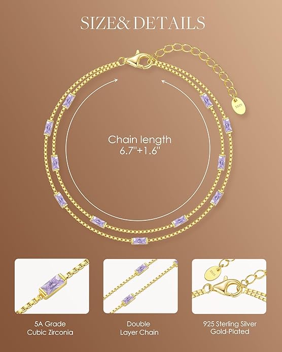 LOUISA SECRET Birthstone Bracelets for Women, 925 Sterling Silver Dainty Simple Women Charm Link Bracelet, Birthday Anniversary Jewelry Gifts for Women Wife Mom Her