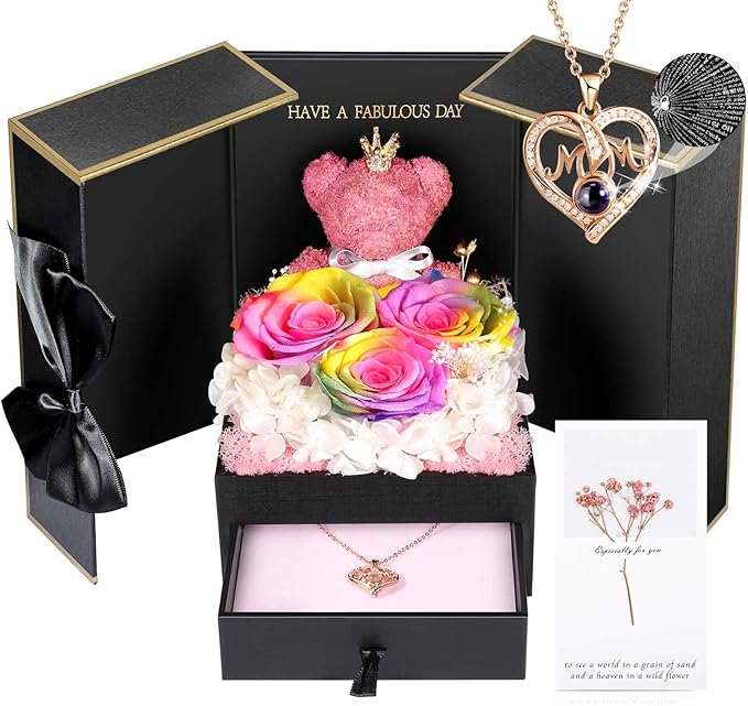 ADDWel Gifts for Mom from Daughter and Son, Unique Mother Birthday Gift Idea, Preserved Real Roses with I Love You in 100 Languages Mom Necklace, Cool Present to Mother Mama