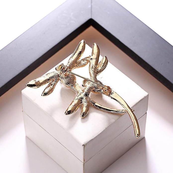 AILUOR Elegant Dragonfly Brooch Pins, Gold Tone Austrian Crystal Colorful Enamel Double Dragonfly Simulated Pearl Rhinestone Brooch Jewelry