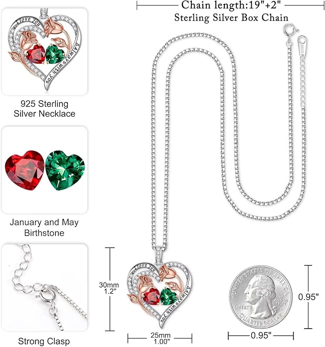 Iefil Birthstone Necklace for Women - 925 Sterling Silver Rose Heart Birthstone Necklace Birthday Anniversary Jewelry Gifts for Her Wife Mom Daughter