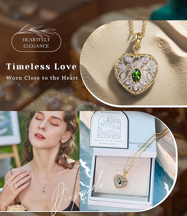 Raneecoco Natural Gemstone Necklace for Women 18K Gold Plated Sterling Silver Two-Tone Tree of Life & Love Heart Pendant Jewelry | Dainty Birthstone Gift For Her Mother Wife