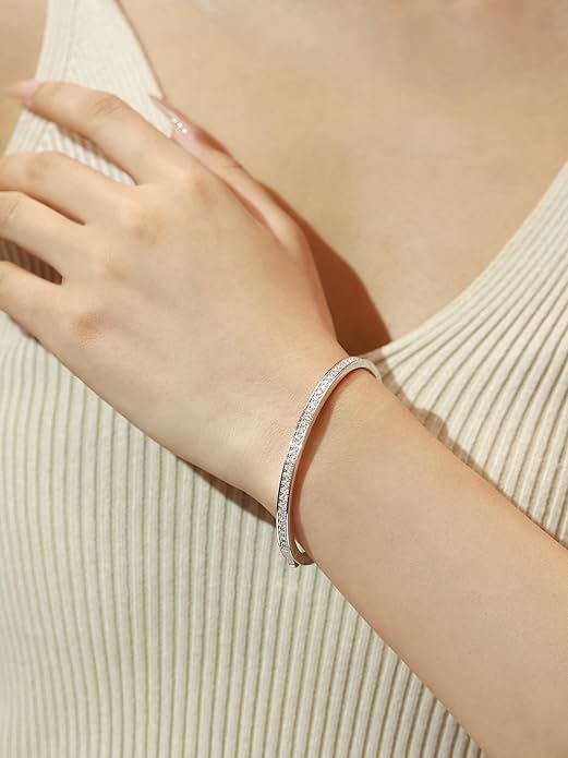 Moissanite Bangle Classic Tennis Bracelet Fine Jewelry D Color VVS1 Round Moissanite Birthday Mothers Day Gift for Women, Length 7.1 Inch Width 3mm