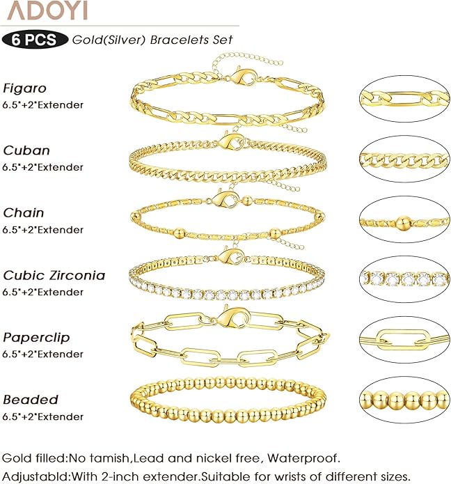 adoyi Gold Bracelets for Women, 14K Gold Plated Stackable Bracelet Stack Set Adjustable Charm Paperclip Chain Cuban Link Layered Waterproof Jewelry Sets Gifts for Womens 6.0/6.8/7.2"