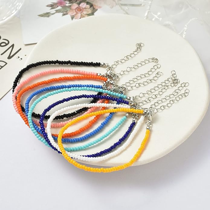 XIJIN 8Pcs Handmade Beaded Anklets for Women Boho Colorful Beads Ankle Bracelets Adjustable Foot Anklet Set