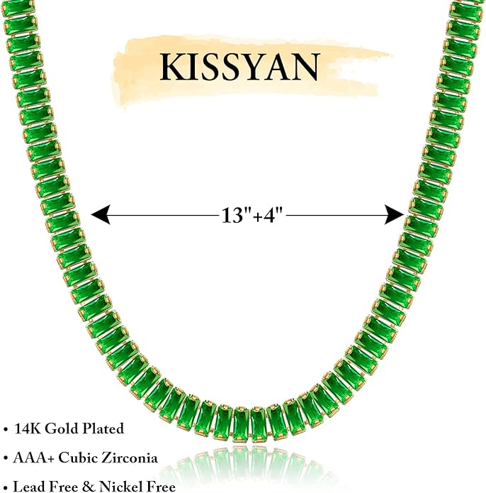 KissYan Diamond Tennis Necklace for Women, 14K/White Gold Plated Cubic Zirconia Baguette Tennis Chain Chunky Paperclip Link Cuban Choker Necklace Dainty Jewelry Gifts
