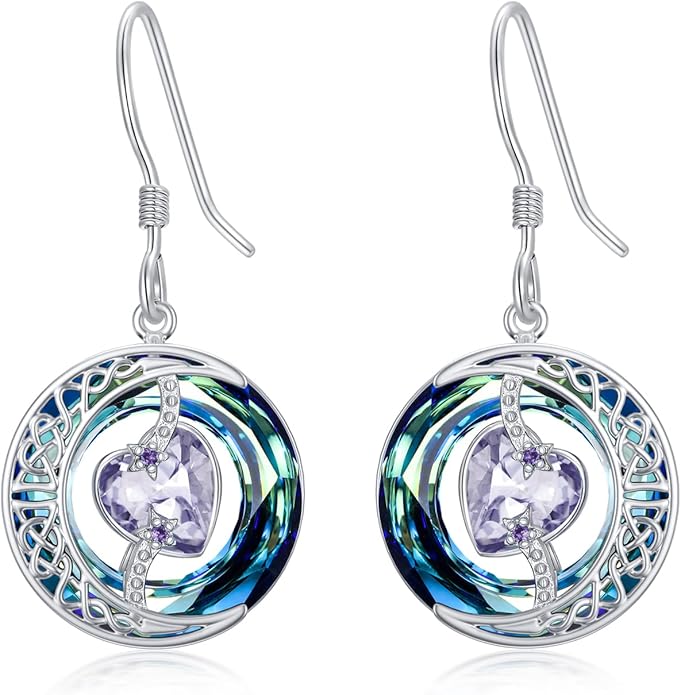 TOUPOP Birthstone Earrings for Women 925 Sterling Silver Moon and Star Dangle Earrings with Blue Crystal BirthdayJewelry Christmas Gifts for Women