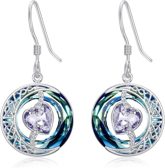TOUPOP Birthstone Earrings for Women 925 Sterling Silver Moon and Star Dangle Earrings with Blue Crystal BirthdayJewelry Christmas Gifts for Women