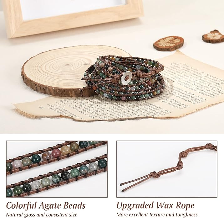 Emibele Layered Leather Bracelet, Rivet Leopard Print Bohemian Style Multilayer Wrap Bracelet, Handmade Agate Amethyst Chakra Crystal Glass Beaded Shell Bracelet for Women