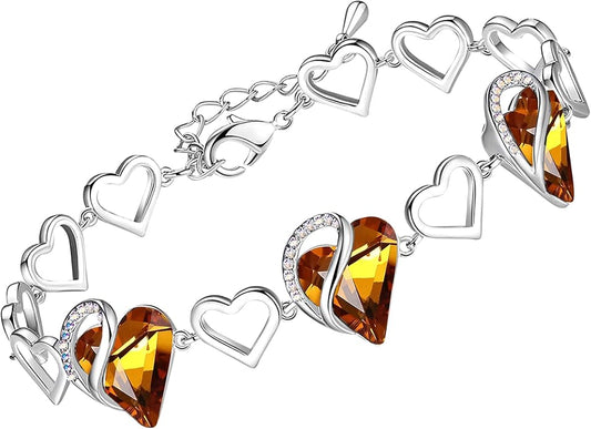 Leafael Infinity Love Heart Link Bracelets, Birthstone or Healing Stone Crystal Bracelet for Women, Silver Tone Jewelry Gifts for Her, 7-inch Chain and 2-inch Extender