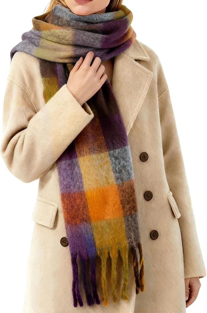 SHOHOKU Large Chunky Plaid Scarf Coloured Checked Oversized Scarf Tassel Soft Fall Winter Thick Warm Shawl Women