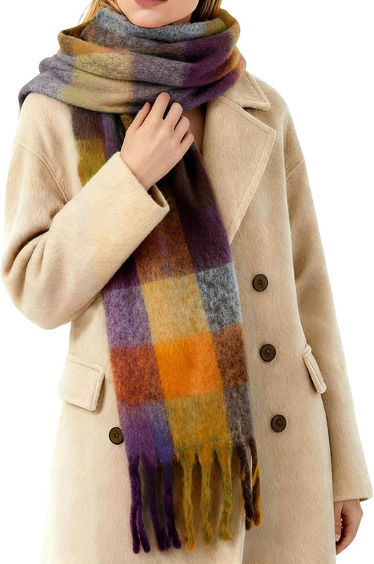 SHOHOKU Large Chunky Plaid Scarf Coloured Checked Oversized Scarf Tassel Soft Fall Winter Thick Warm Shawl Women