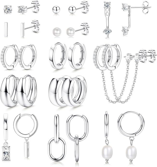 BESTEEL 13 Pairs Small Stud Hoop Earrings Set for Women Hypoallergenic Gold Plated Huggie Hoops Pearl Dainty Lightweight Earrings for Gift