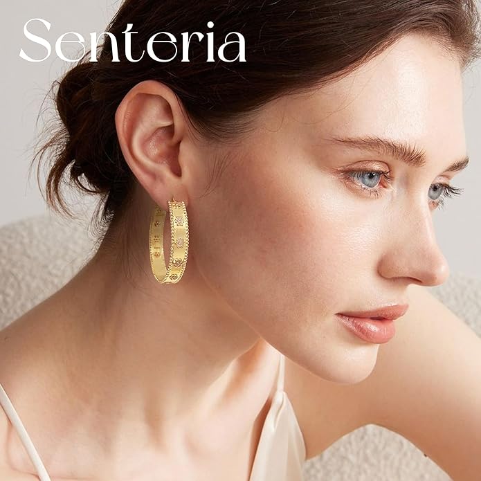 Senteria 8mm Wide 925 Sterling Silver Hoop Earrings for Women Hypoallergenic Chunky Silver Hoop Earrings with Flower Large Thick Hoops Earring Lightweight 14K Gold Plated Hoops for Women 25/30/40/50mm
