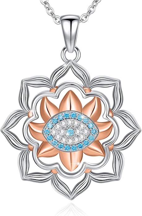 Evil Eye Necklace for Women 925 Sterling Silver, Protection Necklace with Blue Evil Eye Charm, Evil Eye/Lotus Pendant Jewelry, Birthday Christmas Gifts for Her