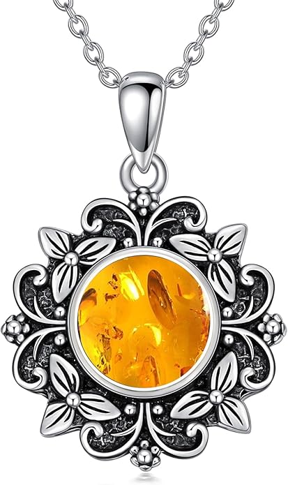 Amber Vintage Necklace Sterling Silver, Boho Jewelry for Women, Handmade Western Filigree Pendant, Unique Christmas Birthday Gift