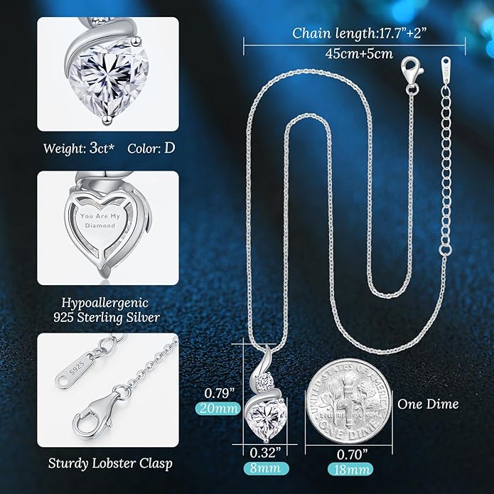 Moissanite Heart Pendant Necklaces for Women, 925 Sterling Silver Necklace with Birthstone, Ideal Anniversary Present or Birthday Christmas Valentine Mothers Day Jewelry Gifts for Mom Wife Her Girlfriend