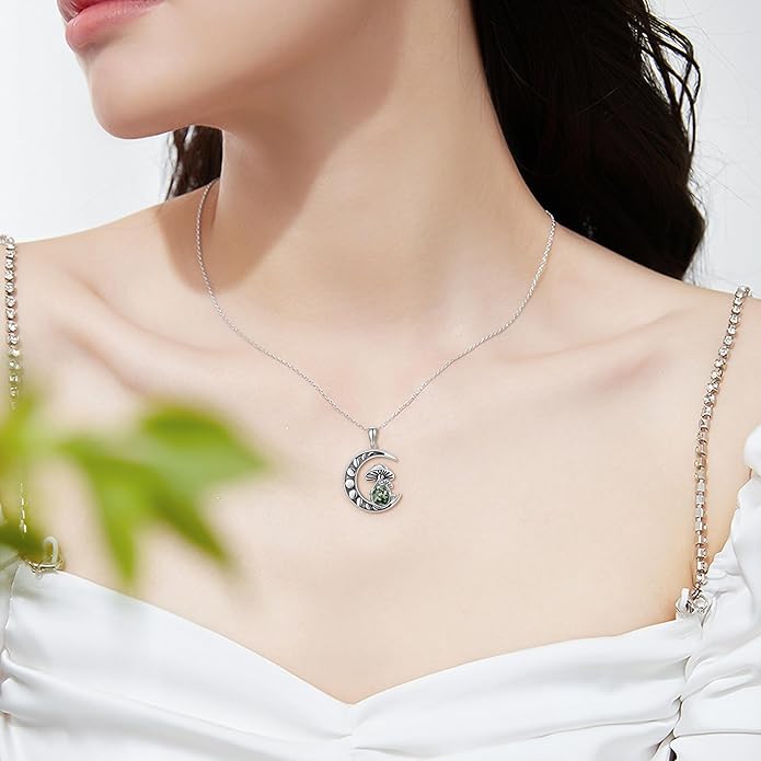 YAFEINI Mushroom Necklace Moonstone/Moss Agate/Malachite/Labradorite/Turquoise/Amber/Larimar/Black Onyx/Lapis Lazuli/Peridot/Opal Sterling Silver Mushroom Pendant Mother's Day Jewelry for Women Mom