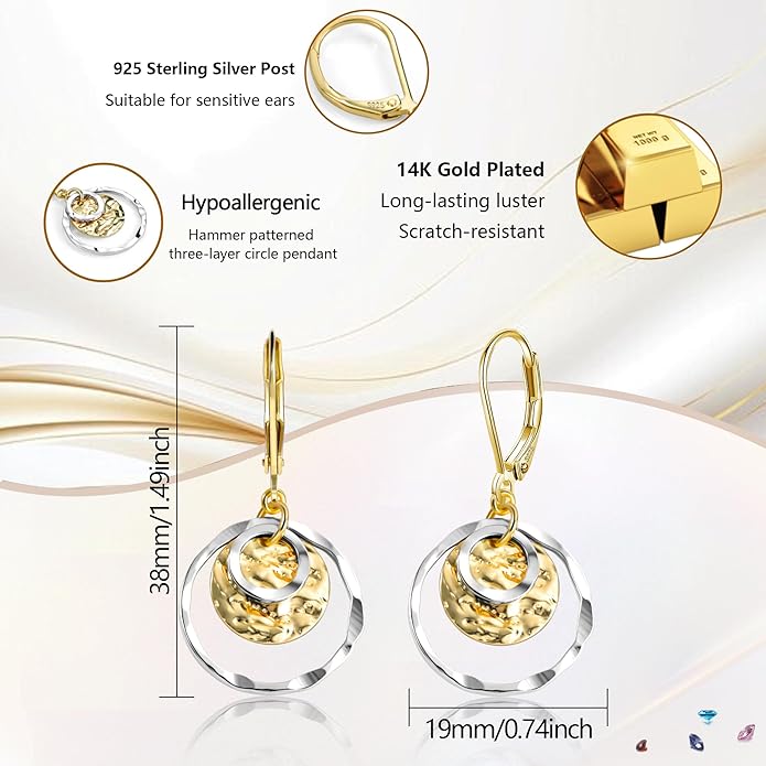 Sterling Silver Disc Leverback Earrings for Women Gold and Silver Circle Drop Dangle Earrings Jewelry Hypoallergenic Hammered Leverback Dangle Earrings for Gifts