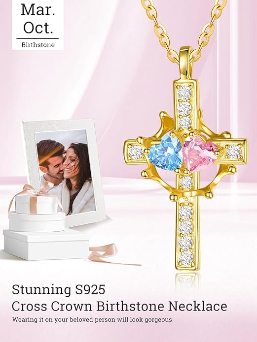 Zeuslia Double Birthstone Necklace Gifts for Wife - 925 Sterling Silver Sunflower/Rose/Crown Cross/Compass/Heart Pendant I Love You Necklace, Anniversary Birthday Gifts for Wife Girlfriend Mom Her