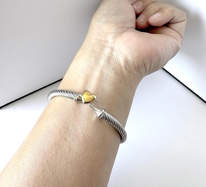 Adjustable Twist Stainless Steel Cable Wire 14K Gold Plated Love Heart Charm Bracelets Friendship Open Bangle Wrist Cuff for Women Men