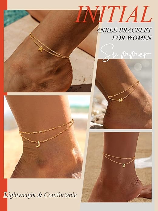 FaithHeart Initial Ankle Bracelets for Women, Waterproof 14k Gold Plated Initial Anklets Non Tarnish Stainless Steel Layered Anklet Summer Beach Foot Jewelry