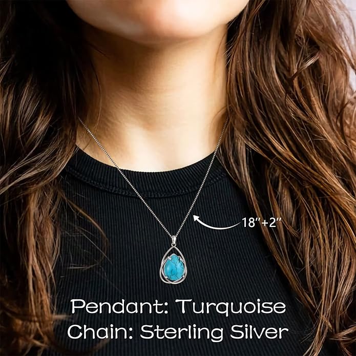 Teardrop Turquoise Pendant Necklace, 925 Sterling Silver December Birthstone Necklace Vintage Western Jewelry Gift for Women