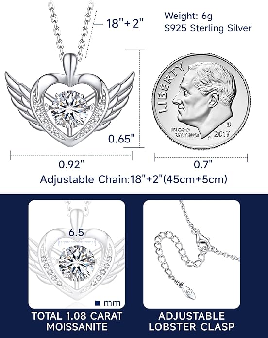 MomentWish Necklace for Women, Sparkling Gift for Her, 1Carat Moissanite Heart Pendent for Her, 925 Sterling Silver Dance Necklace for Anniversary Christmas Valentines
