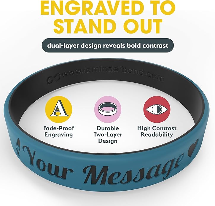 Reminderband Custom 100% Silicone Luxe Wristbands – Personalized Motivational Bracelets, Bulk Rubber Bands for Events, Fundraisers, Awareness, Gifts - Hypoallergenic Bands