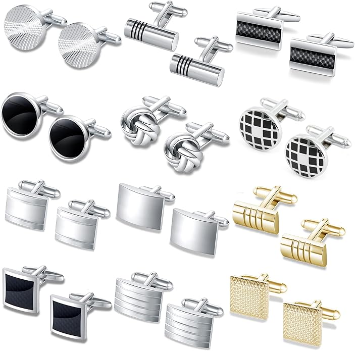 FIRAZIO 12 Pairs Cufflinks for Men Classic Tone Cuff Links Silver Black Striped Disc Square Rectangle Cuff Links Shirt Suit Men’s Cufflinks For Wedding Groom Business Elegant Gift