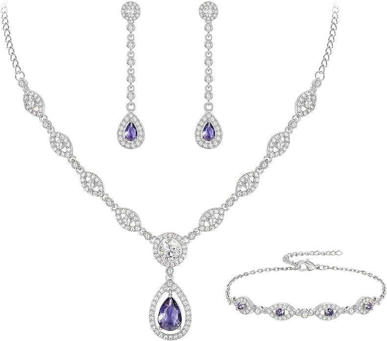 EVER FAITH Bridal Jewelry Set for Women, Stunning Teardrop Cubic Zirconia Birthstone Necklace Bracelet Earrings Sets Gift for Mothers Day/Valentines/Birthday/Christmas