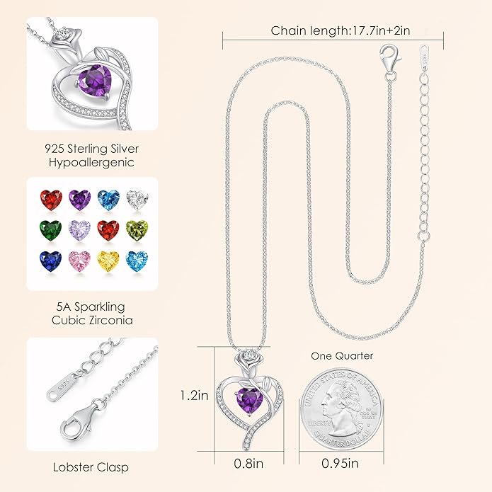 LOUISA SECRET Rose Flower Heart Birthstone Necklaces for Women, 925 Sterling Silver Fine Jewelry, Pendant Heart Necklaces Birthday Anniversary Christmas Gift for Women Wife Mom Girlfriend Lady