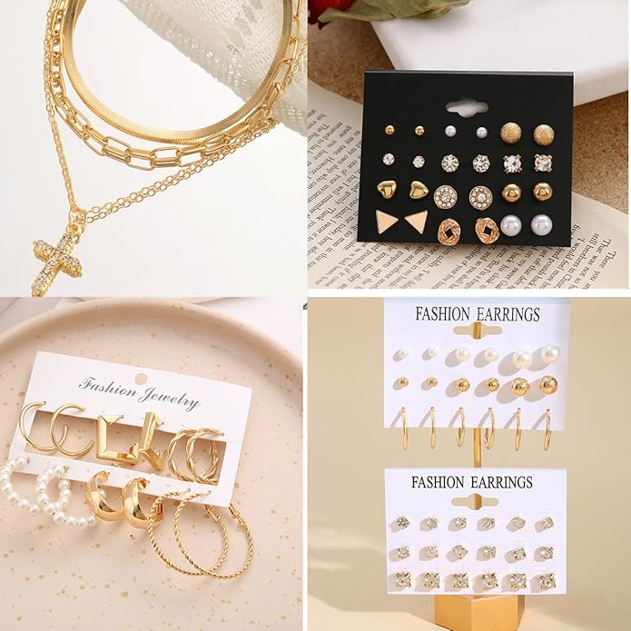 CONGYING 120PCS Gold Jewelry Sets For Women, With 7 Necklace,12 Bracelet,30pcs Hoop Earring,59pcs stud earrings and 12pcs cuff Ear Earrings Friendship for Happy Gifts