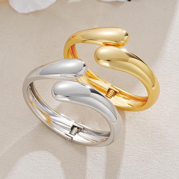 Gold Silver Bangles Bracelet for Women Trendy, 14K Gold Plated Dainty Thick Chunky Cuff Bracelet Stack