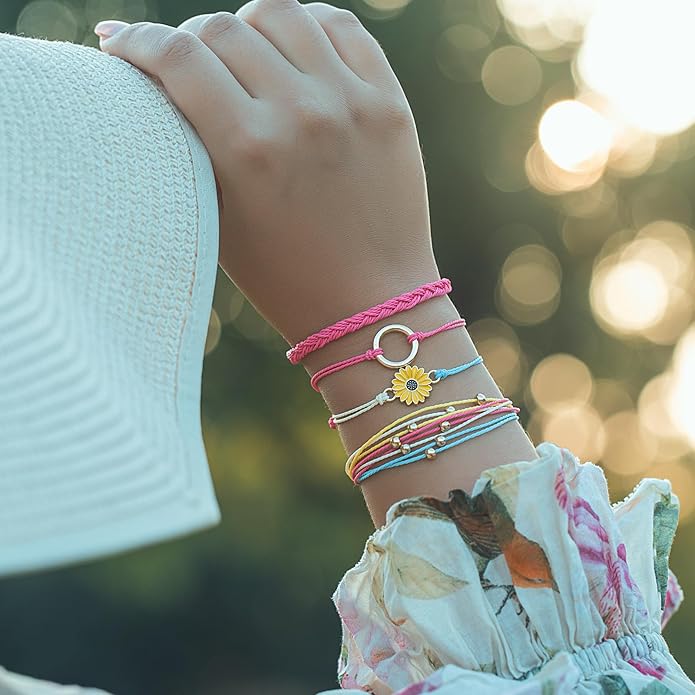 FANCY SHINY Sunflower String Bracelet Boho Braided Rope Wrap Bracelets Cute Summer Beach Surfer Jewelry for Women