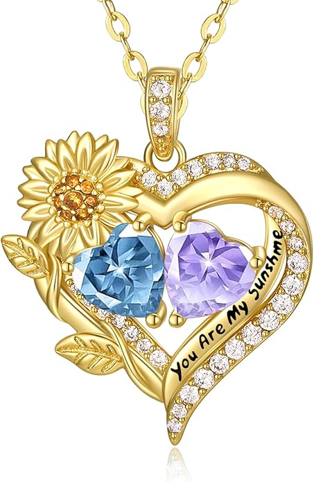 Sunflower Heart Necklace for Women 14K Gold Exquisite Anniversary Birthday Gifts for Wife Mother Her Double Birthstone Pendant jewelry‘You Are My Sunshine’