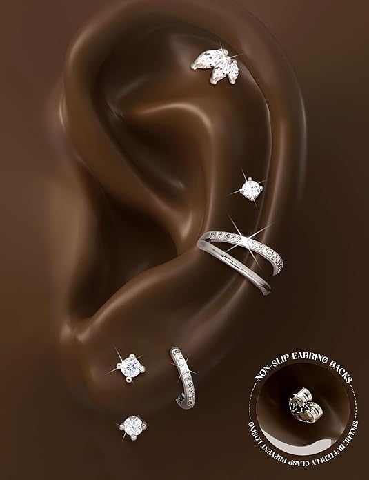 Florideco 925 Sterling Silver Earrings for Women Trendy Hypoallergenic Small Gold Hoop Earrings 14K Gold Plated Stud Earring Sets for Multiple Piercing CZ Ear Cuff Cartilage Earring Stacks