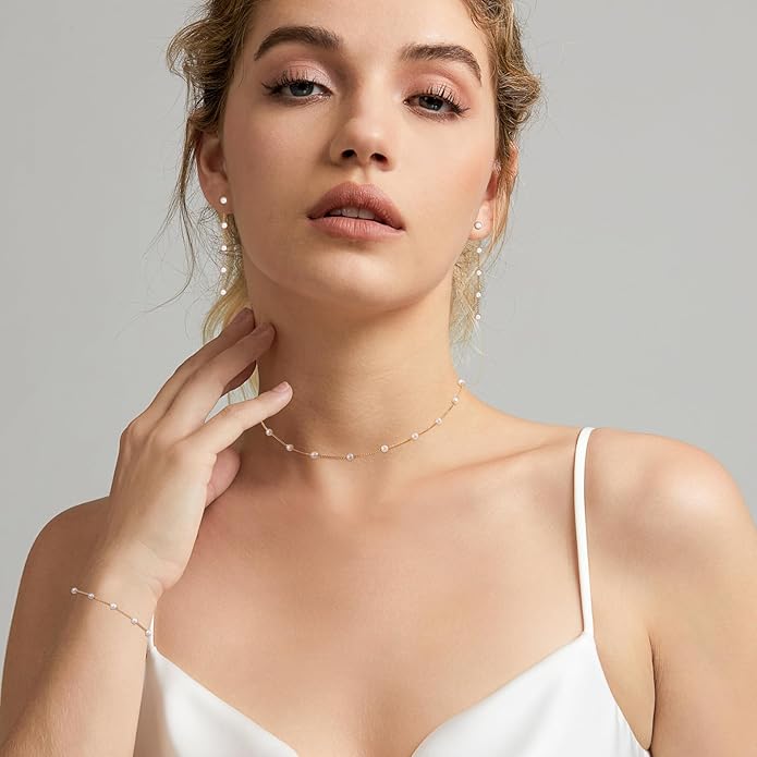 Gold Jewelry Set for Women - Dainty 14K Gold/Silver Plated Pearl Choker Necklace, Drop Earrings & Bracelets - Wedding Trendy Pearl Jewelry Gift