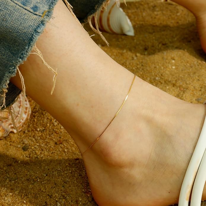 Gold Plated Ankle Bracelets For Women Waterproof,18k Gold Plated Anklets Layered Thin Snake Chain Herringbone Anklets Non Tarnish Stainless Steel Dainty Summer Jewelry Set Gift For Women