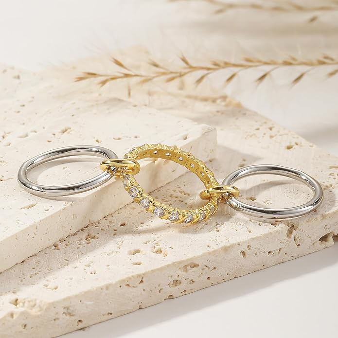 Leaocean Gold Stackable Rings for Women CZ Wedding Band Rings 18k Gold Plated Cubic Zirconia Rings, Silver Gold Multi Ring Mixed Metals Stack Rings Set