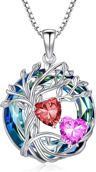TOUPOP s925 Sterling Silver Family Celtic Tree of Life Pendant Necklaces with 2 Heart Birthstone with Blue Austrian Crystal Jewelry Birthday Anniversary Christmas Gifts for Her Wife Girlfriend Mom (18K Real White Gold Filled)