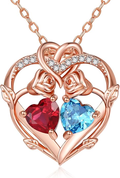 Rose Gold Necklaces for Women Double Birthstone Rose Flower Heart Pendant Necklace Jewelry Anniversary Christmas Valentine's Mother's Day Birthday Gift for Wife Mom Her Girlfriend Sister