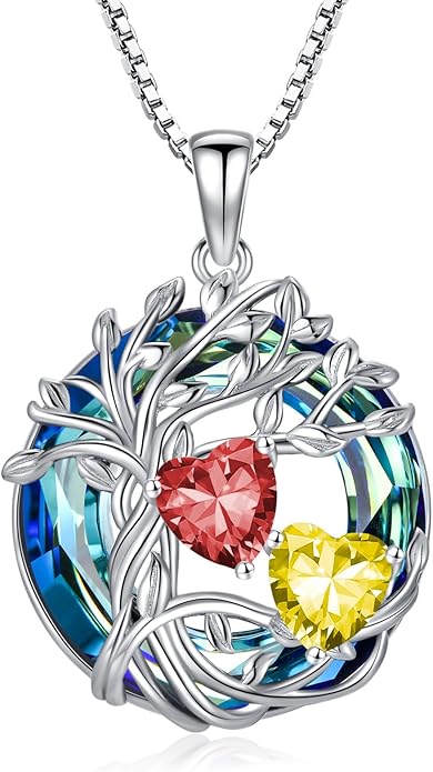 TOUPOP s925 Sterling Silver Family Celtic Tree of Life Pendant Necklaces with 2 Heart Birthstone with Blue Austrian Crystal Jewelry Birthday Anniversary Christmas Gifts for Her Wife Girlfriend Mom (18K Real White Gold Filled)