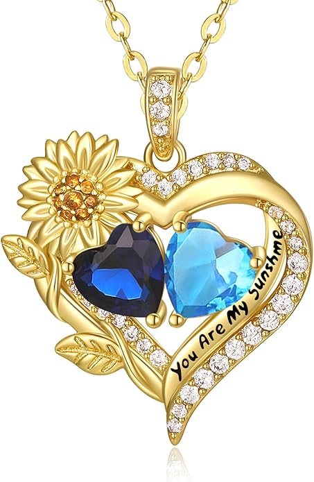 Sunflower Heart Necklace for Women 14K Gold Exquisite Anniversary Birthday Gifts for Wife Mother Her Double Birthstone Pendant jewelry‘You Are My Sunshine’