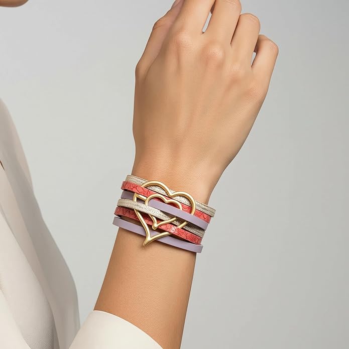 Edoneery Leather Wrap Bracelet for Women, Boho Handmade Multi-Layer Cuff with Crystal Beads Heart, Stackable Bangle Western Jewelry Gift