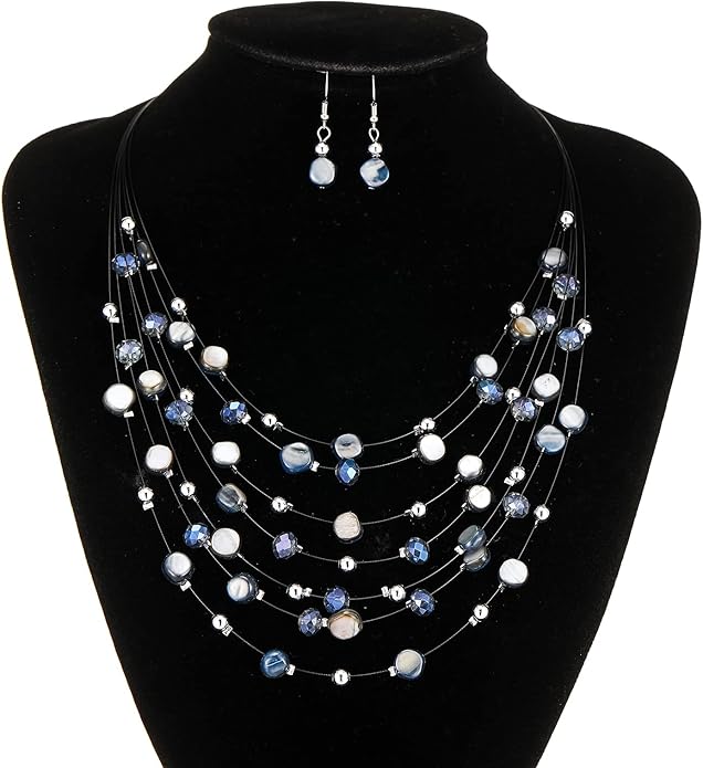 Multi-Layer Boho Shell Beaded Necklace for Women Colorful Crystal Strand with Silver Beads Statement Collars Necklace and Earrings Costumes Jewelry Sets for Women