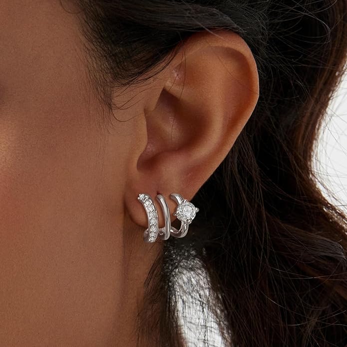 14K Gold Plated Hoop Earrings for Women Triple Huggie Illusion Stud Earring | Double Huggie Hoop Earrings for One Hole | Claw Ear Cuff Earring Jewelry Gift for Women